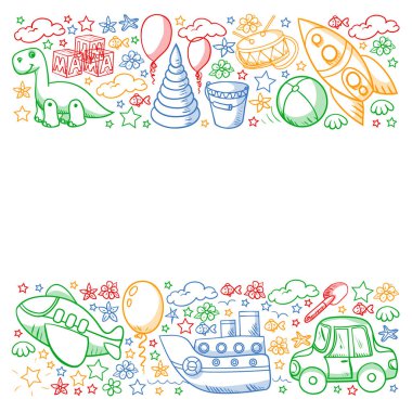 Küçük anaokulu çocukları için oyuncaklarla vektör deseni. Dinozor, oyuncak ayı, roket, gemi, uçak, balon, araba, motosiklet, kamyon..