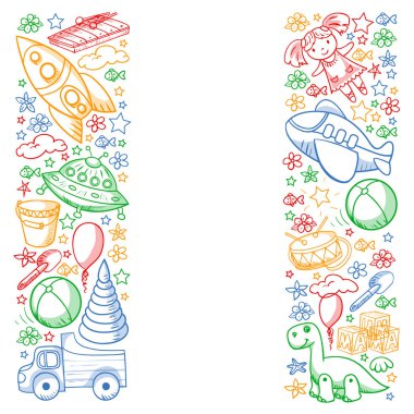 Küçük anaokulu çocukları için oyuncaklarla vektör deseni. Dinozor, oyuncak ayı, roket, gemi, uçak, balon, araba, motosiklet, kamyon..