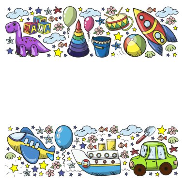 Küçük anaokulu çocukları için oyuncaklarla vektör deseni. Dinozor, oyuncak ayı, roket, gemi, uçak, balon, araba, motosiklet, kamyon..