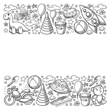 Küçük anaokulu çocukları için oyuncaklarla vektör deseni. Dinozor, oyuncak ayı, roket, gemi, uçak, balon, araba, motosiklet, kamyon..