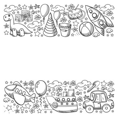 Küçük anaokulu çocukları için oyuncaklarla vektör deseni. Dinozor, oyuncak ayı, roket, gemi, uçak, balon, araba, motosiklet, kamyon..