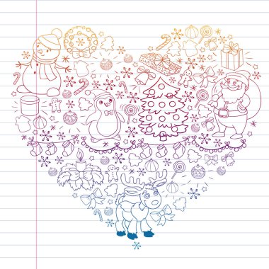 Mutlu Noeller ve mutlu yıllar. Noel Baba, geyik, kardan adam, penguen. Vektör deseni.