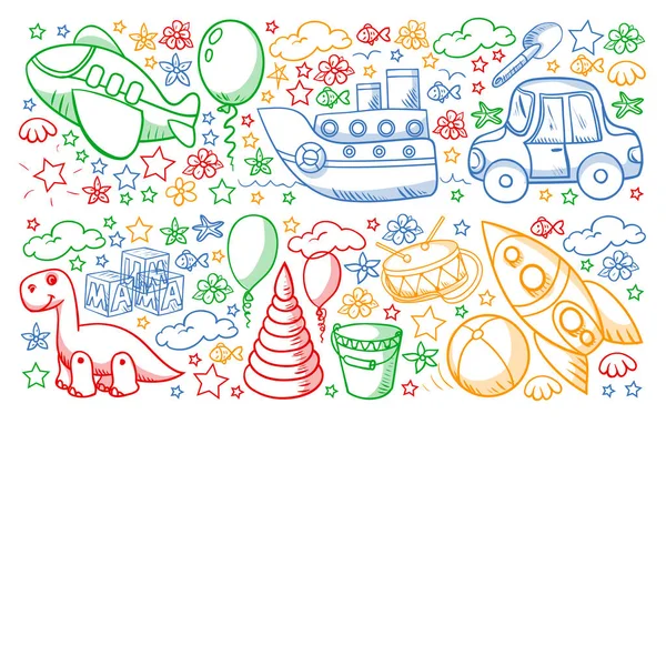 Patrón vectorial con juguetes para niños de jardín de infantes. Dinosaurio, oso de peluche, cohete, nave, avión, globo, coche, motocicleta, camión . — Vector de stock
