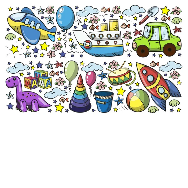Vectorpatroon met speelgoed voor kleine kleuters. Dinosaurus, teddybeer, raket, schip, vliegtuig, ballon, auto, motor, vrachtwagen. — Stockvector