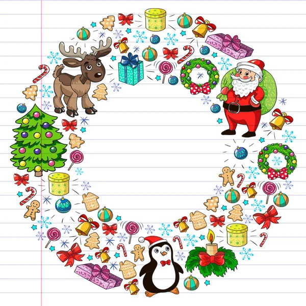 Joyeux Noël et bonne année. Père Noël, cerf, bonhomme de neige, pingouin. Modèle vectoriel . — Image vectorielle