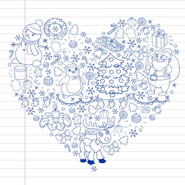 Mutlu Noeller ve mutlu yıllar. Noel Baba, geyik, kardan adam, penguen. Vektör deseni.