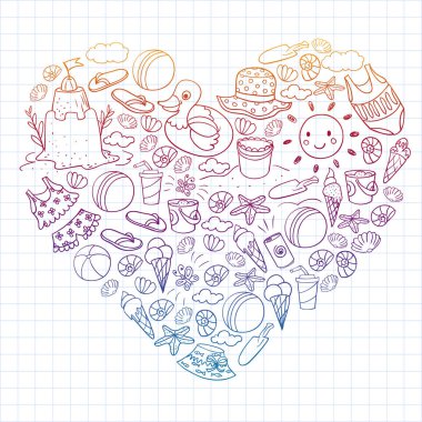 Yaz posterleri ve afişler için plaj simgeleri seti. Deniz, okyanus tatili. Çocuk çizim stili.