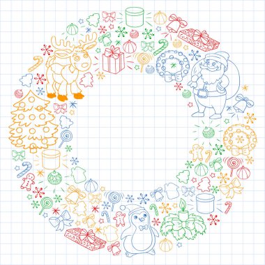 Mutlu Noeller ve mutlu yıllar. Noel Baba, geyik, kardan adam, penguen. Vektör deseni.