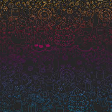 Mutlu Noeller ve mutlu yıllar. Noel Baba, geyik, kardan adam, penguen. Vektör deseni.