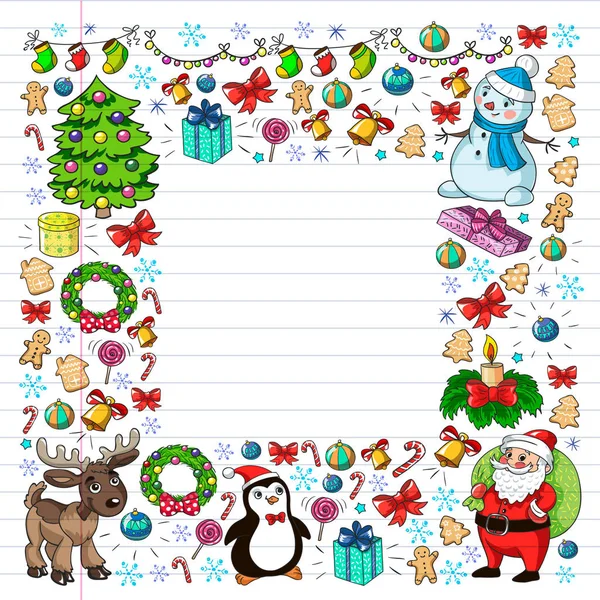 Merry Christmas and happy new year. Santa Claus, deer, snowman, penguin. Vector pattern. — Stock Vector