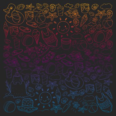 Yaz posterleri ve afişler için plaj simgeleri seti. Deniz, okyanus tatili. Çocuk çizim stili.