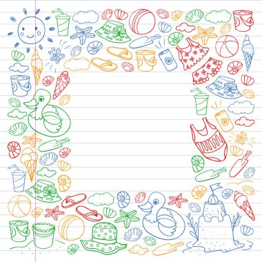 Yaz posterleri ve afişler için plaj simgeleri seti. Deniz, okyanus tatili. Çocuk çizim stili.