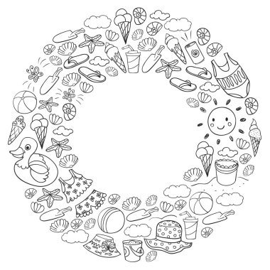 Yaz posterleri ve afişler için plaj simgeleri seti. Deniz, okyanus tatili. Çocuk çizim stili.