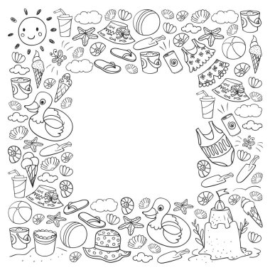 Yaz posterleri ve afişler için plaj simgeleri seti. Deniz, okyanus tatili. Çocuk çizim stili.