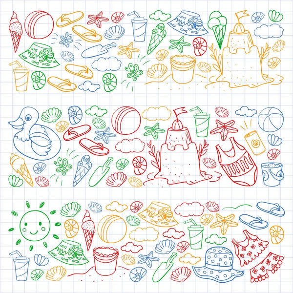 Vector set of beach icons for summer posters, banners. Sea, ocean vacations. Kids drawing style. — 스톡 벡터