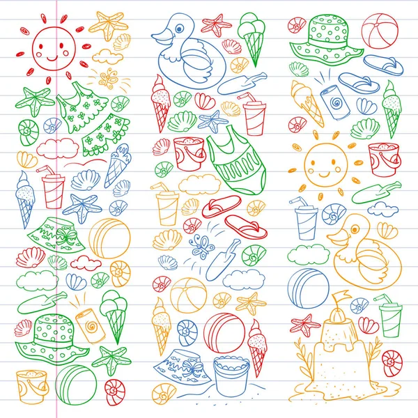 Set vettoriale di icone da spiaggia per poster estivi, striscioni. Mare, vacanze sull'oceano. Bambini disegno stile . — Vettoriale Stock