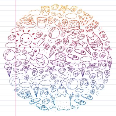 Yaz posterleri ve afişler için plaj simgeleri seti. Deniz, okyanus tatili. Çocuk çizim stili.