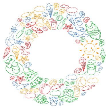 Yaz posterleri ve afişler için plaj simgeleri seti. Deniz, okyanus tatili. Çocuk çizim stili.