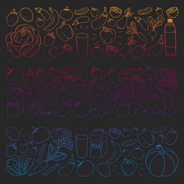 Sağlıklı gıda ile vektör deseni. Meyve ve sebzeler. Süt, süt ürünleri. Mağaza, alışveriş merkezi, menü, kafe, restoran için desen.