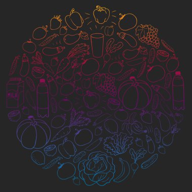 Sağlıklı gıda ile vektör deseni. Meyve ve sebzeler. Süt, süt ürünleri. Mağaza, alışveriş merkezi, menü, kafe, restoran için desen.