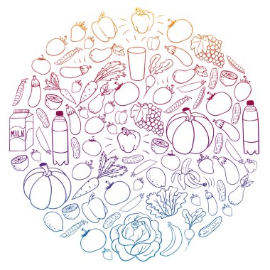 Sağlıklı gıda ile vektör deseni. Meyve ve sebzeler. Süt, süt ürünleri. Mağaza, alışveriş merkezi, menü, kafe, restoran için desen.
