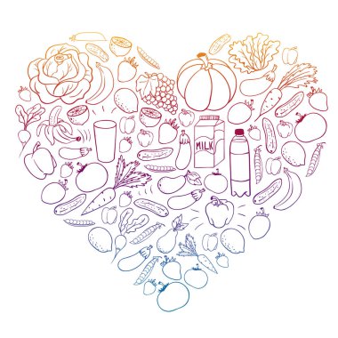 Sağlıklı gıda ile vektör deseni. Meyve ve sebzeler. Süt, süt ürünleri. Mağaza, alışveriş merkezi, menü, kafe, restoran için desen.