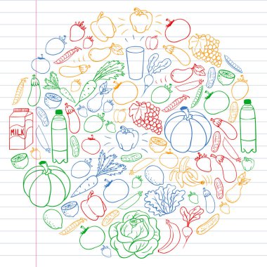 Sağlıklı gıda ile vektör deseni. Meyve ve sebzeler. Süt, süt ürünleri. Mağaza, alışveriş merkezi, menü, kafe, restoran için desen.