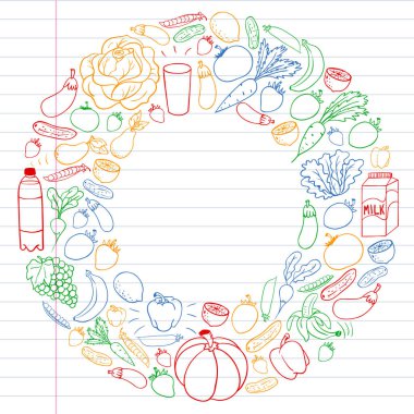 Sağlıklı gıda ile vektör deseni. Meyve ve sebzeler. Süt, süt ürünleri. Mağaza, alışveriş merkezi, menü, kafe, restoran için desen.