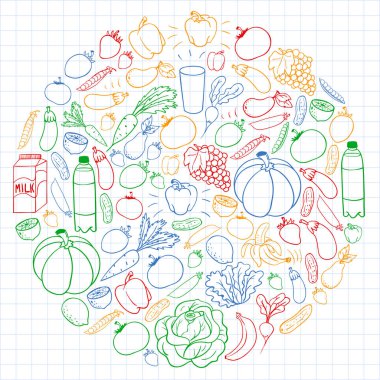 Sağlıklı gıda ile vektör deseni. Meyve ve sebzeler. Süt, süt ürünleri. Mağaza, alışveriş merkezi, menü, kafe, restoran için desen.