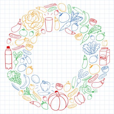 Sağlıklı gıda ile vektör deseni. Meyve ve sebzeler. Süt, süt ürünleri. Mağaza, alışveriş merkezi, menü, kafe, restoran için desen.