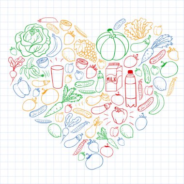 Sağlıklı gıda ile vektör deseni. Meyve ve sebzeler. Süt, süt ürünleri. Mağaza, alışveriş merkezi, menü, kafe, restoran için desen.