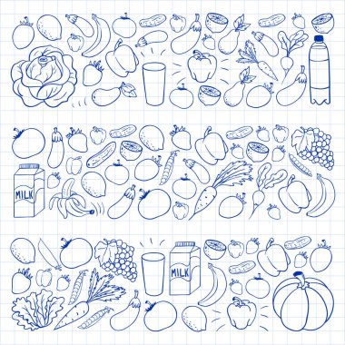 Sağlıklı gıda ile vektör deseni. Meyve ve sebzeler. Süt, süt ürünleri. Mağaza, alışveriş merkezi, menü, kafe, restoran için desen.