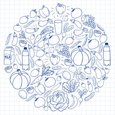 Sağlıklı gıda ile vektör deseni. Meyve ve sebzeler. Süt, süt ürünleri. Mağaza, alışveriş merkezi, menü, kafe, restoran için desen.