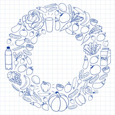 Sağlıklı gıda ile vektör deseni. Meyve ve sebzeler. Süt, süt ürünleri. Mağaza, alışveriş merkezi, menü, kafe, restoran için desen.