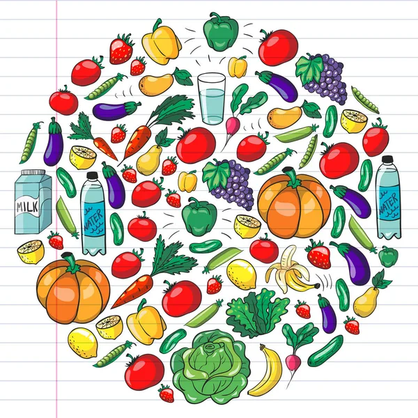 Patrón vectorial con alimentos saludables. Frutas y verduras. Leche, productos lácteos. Patrón para tienda, centro comercial, menú, cafetería, restaurantes . — Vector de stock