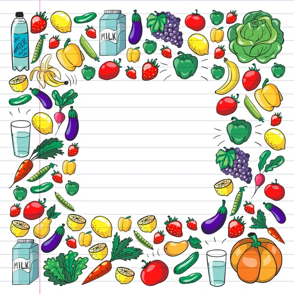 건강한 음식과 벡터 패턴입니다. 과일과 야채. 우유, 유제품. 점포, 쇼핑몰, 메뉴, 카페, 레스토랑용 패턴. — 스톡 벡터