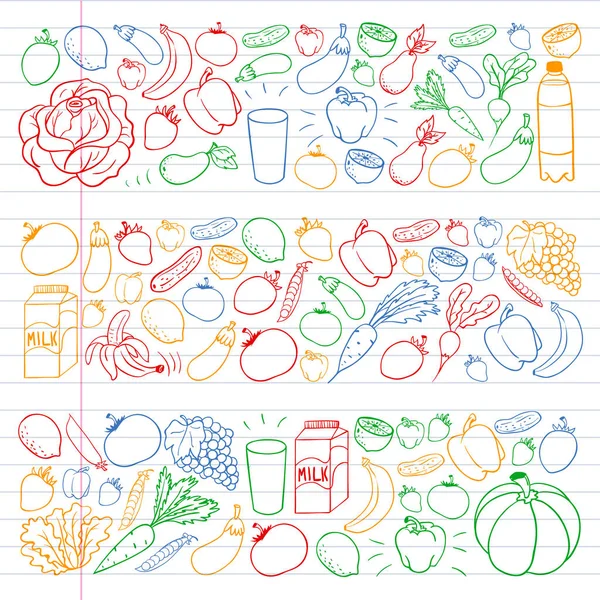 Vector pattern with healthy food. Fruits and vegetables. Milk, dairy products. Pattern for store, mall, menu, cafe, restaurants. — Stock Vector