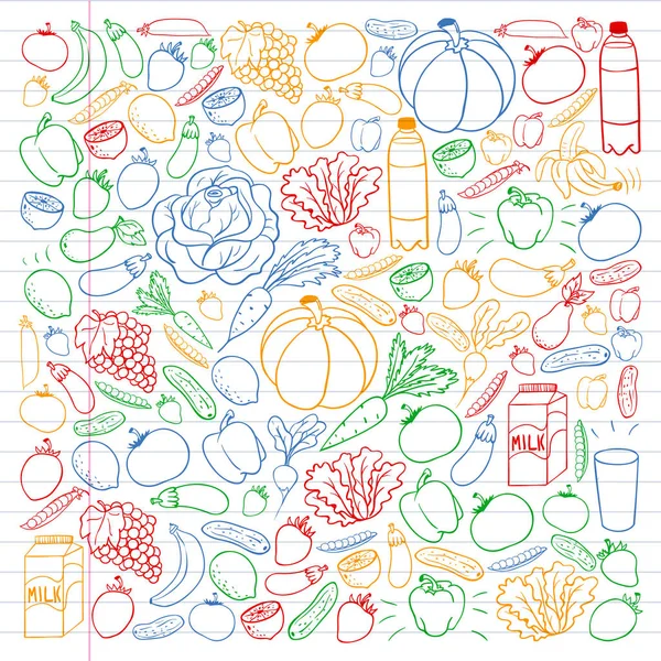Vector pattern with healthy food. Fruits and vegetables. Milk, dairy products. Pattern for store, mall, menu, cafe, restaurants. — Stock Vector