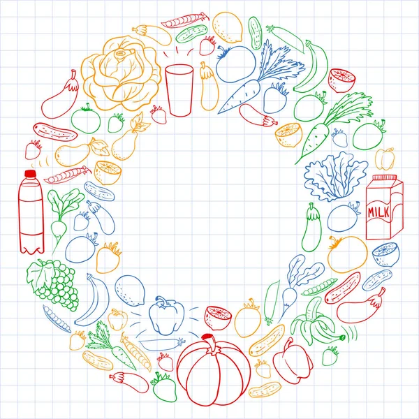 Patrón vectorial con alimentos saludables. Frutas y verduras. Leche, productos lácteos. Patrón para tienda, centro comercial, menú, cafetería, restaurantes . — Archivo Imágenes Vectoriales