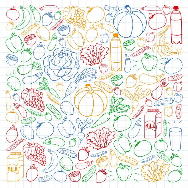 Vector pattern with healthy food. Fruits and vegetables. Milk, dairy products. Pattern for store, mall, menu, cafe, restaurants. — Stock Vector