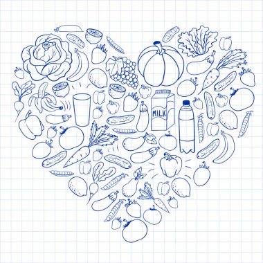 Sağlıklı gıda ile vektör deseni. Meyve ve sebzeler. Süt, süt ürünleri. Mağaza, alışveriş merkezi, menü, kafe, restoran için desen.