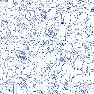 Sağlıklı gıda ile vektör deseni. Meyve ve sebzeler. Süt, süt ürünleri. Mağaza, alışveriş merkezi, menü, kafe, restoran için desen.
