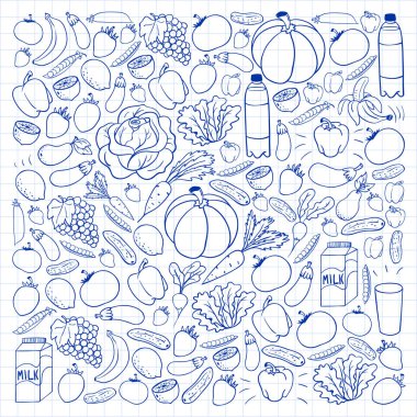 Sağlıklı gıda ile vektör deseni. Meyve ve sebzeler. Süt, süt ürünleri. Mağaza, alışveriş merkezi, menü, kafe, restoran için desen.