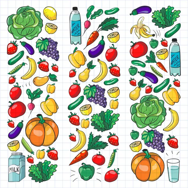 Vector pattern with healthy food. Fruits and vegetables. Milk, dairy products. Pattern for store, mall, menu, cafe, restaurants. — Stock Vector