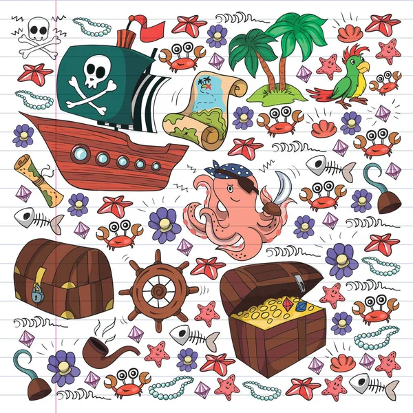 Set de vectores con elementos piratas para fiesta de cumpleaños para niños pequeños. Patrón de niños con pulpo, playa, cofre del tesoro, barco — Vector de stock