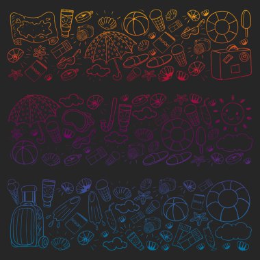 Vektör deseni. Yaz tatilleri. Seyahat ve maceralar. Plaj, okyanus, ada, güneş