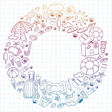 Vektör deseni. Yaz tatilleri. Seyahat ve maceralar. Plaj, okyanus, ada, güneş