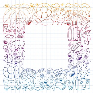 Vektör deseni. Yaz tatilleri. Seyahat ve maceralar. Plaj, okyanus, ada, güneş