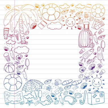 Vektör deseni. Yaz tatilleri. Seyahat ve maceralar. Plaj, okyanus, ada, güneş