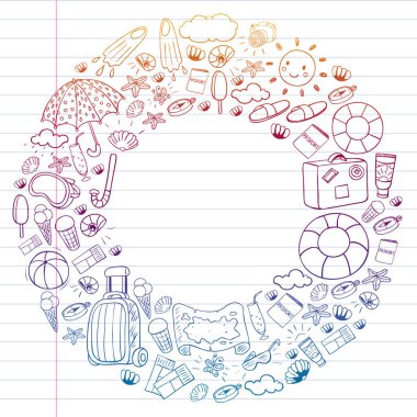 Vektör deseni. Yaz tatilleri. Seyahat ve maceralar. Plaj, okyanus, ada, güneş